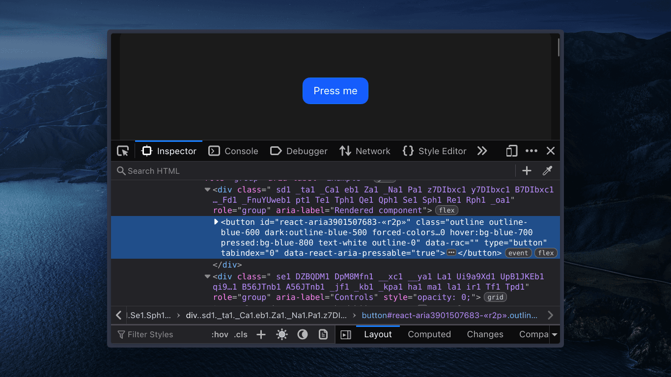 Data attributes toggling on the button during hover, press, and focus
interactions